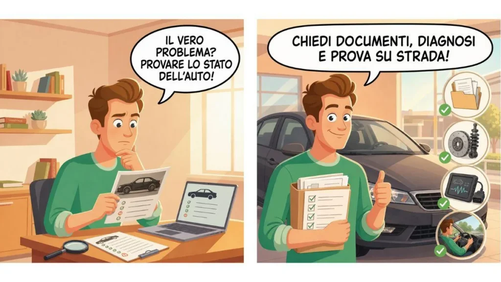 Acquirente verifica lo stato di un'auto usata chiedendo documenti, diagnosi e prova su strada prima dell'acquisto