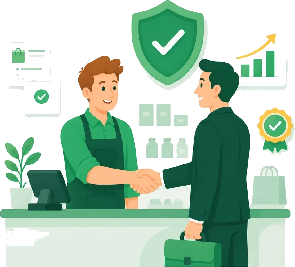 Negoziante e partner business si stringono la mano al bancone, con scudo garanzia e grafico in crescita