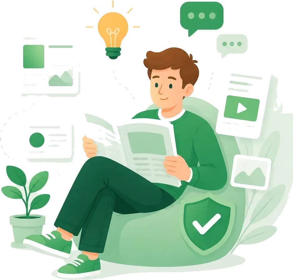 Persona che legge la rivista del blog Garanteasy circondata da articoli, idee e garanzie