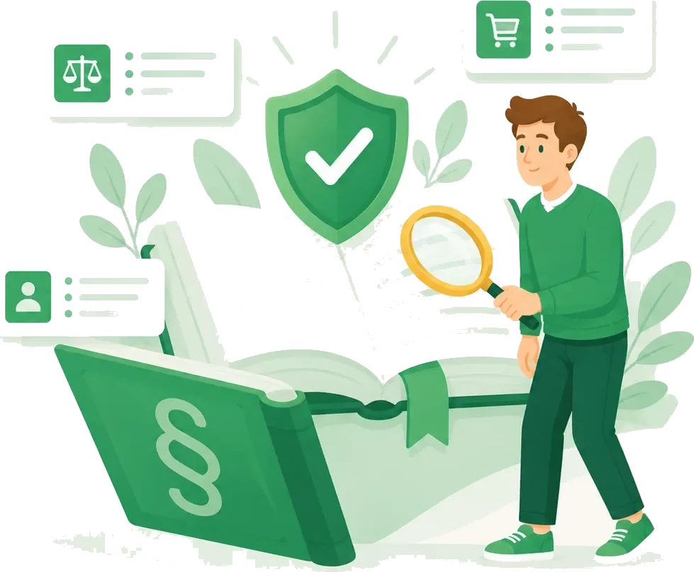 Persona con lente d’ingrandimento che consulta il grande libro del Codice del Consumo con scudo e segnalibro