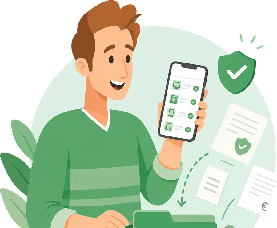 Persona che archivia scontrini e garanzie dallo smartphone in un archivio digitale protetto, con Garanteasy
