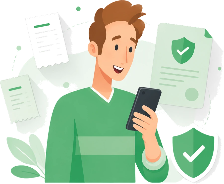 Consumatore che usa Garanteasy dallo smartphone per archiviare scontrini, garanzie e protezione